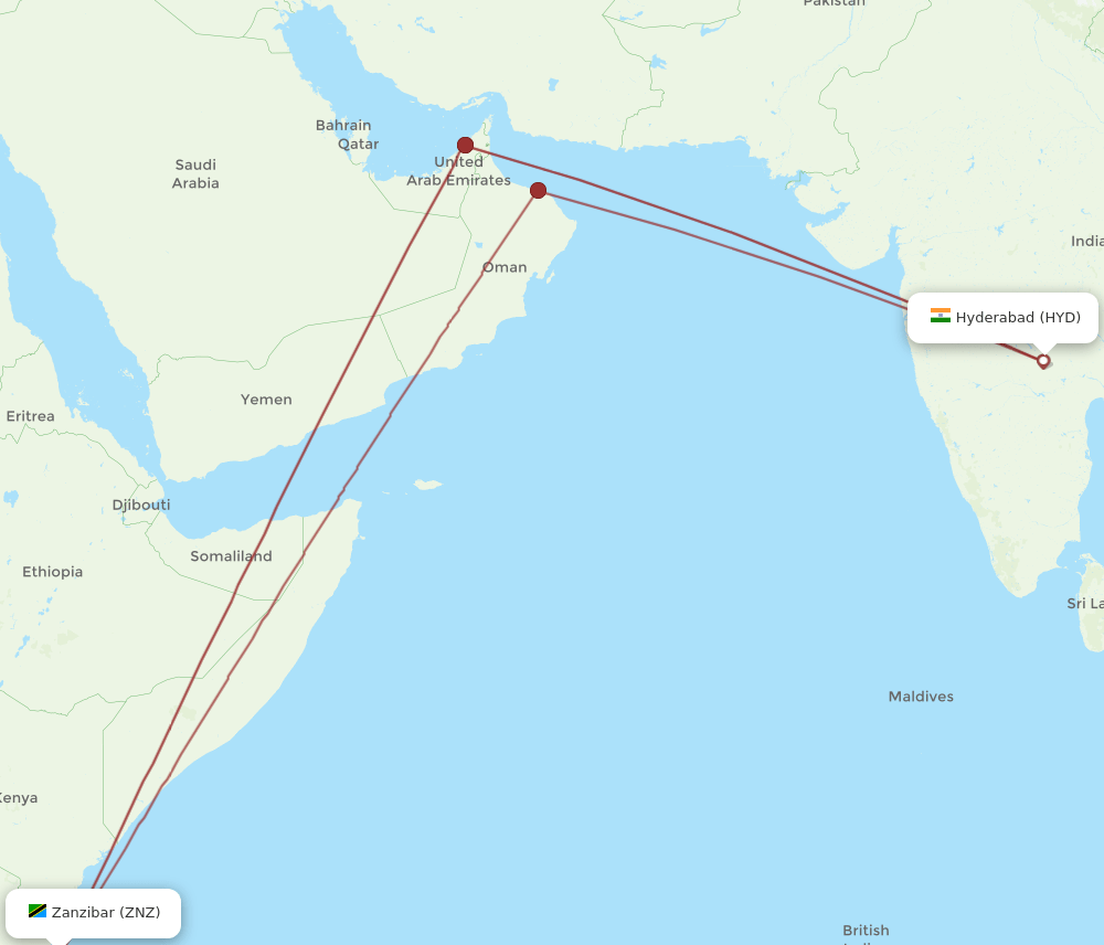 Zanzibar - Hyderabad route map and flight paths