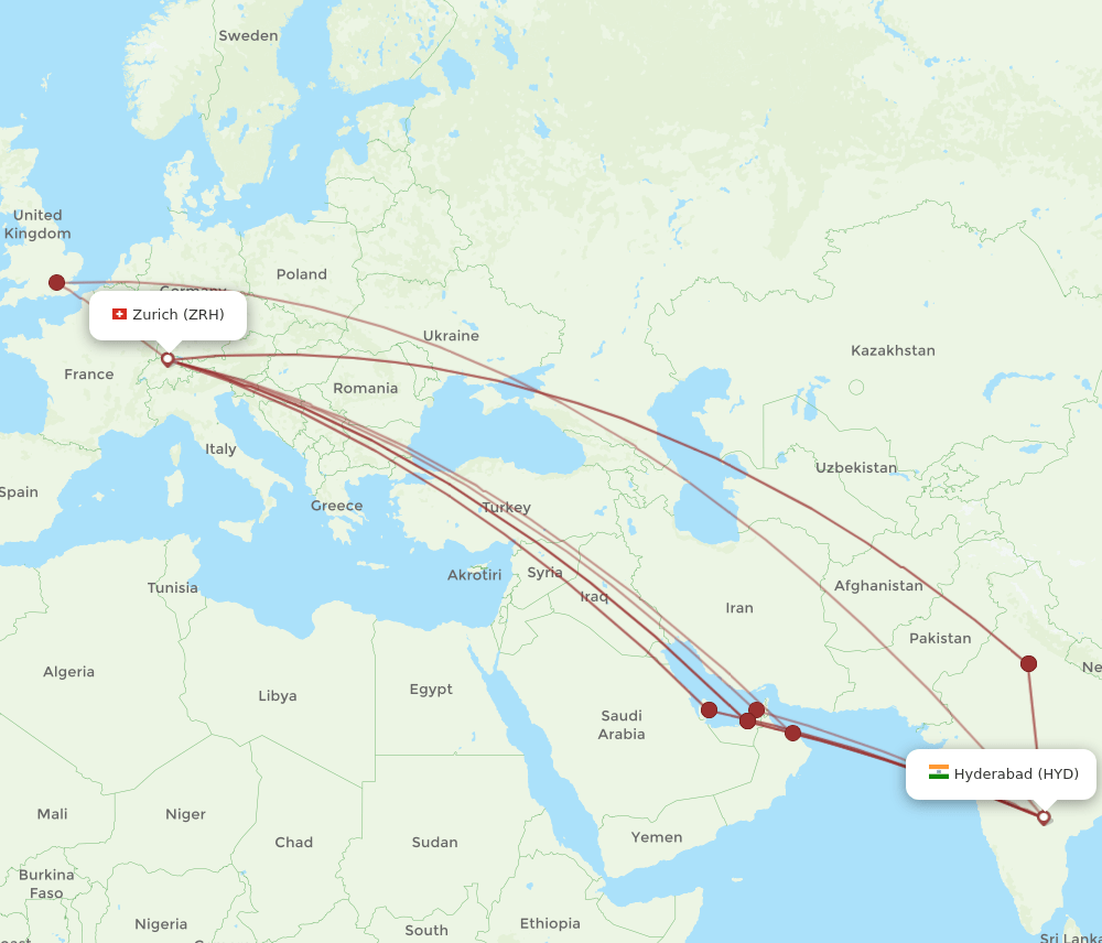 Zurich - Hyderabad route map and flight paths