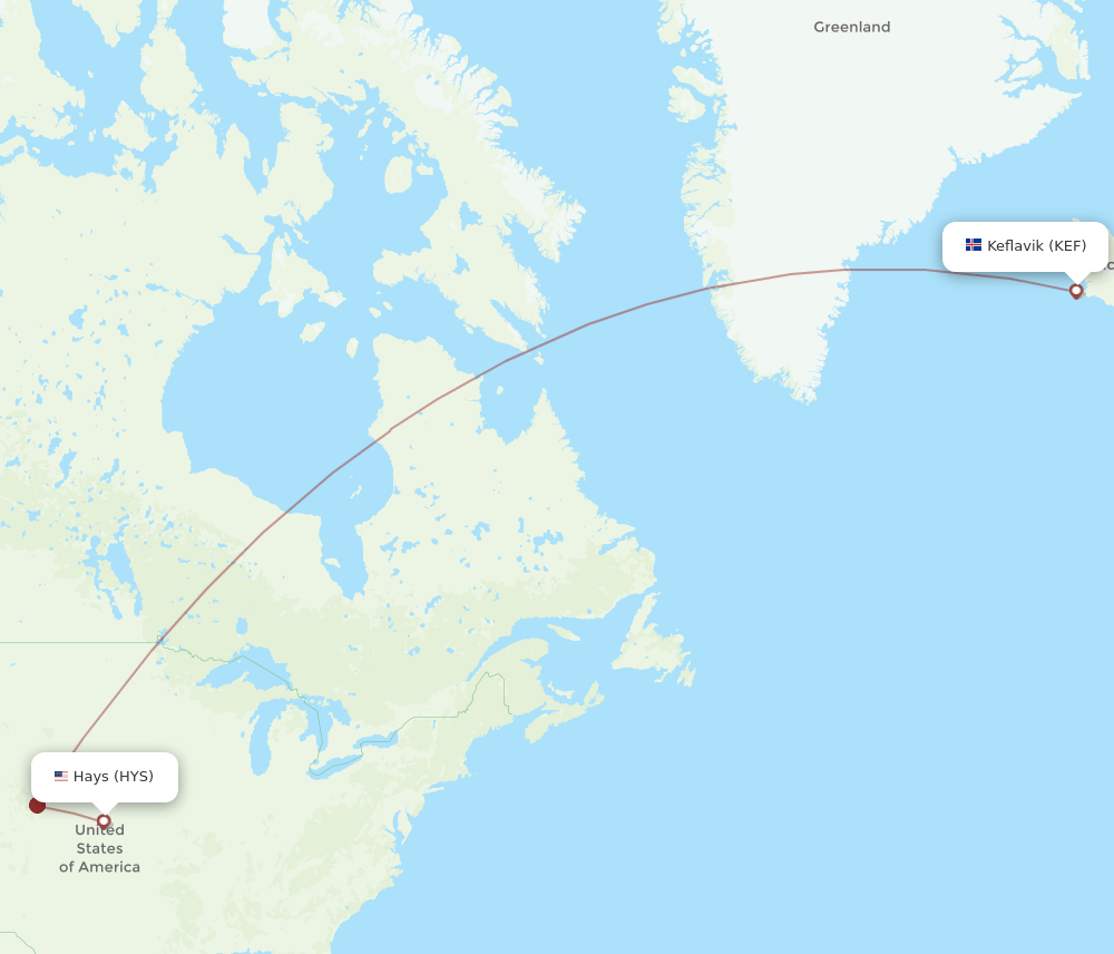 KEF to HYS flights and routes map