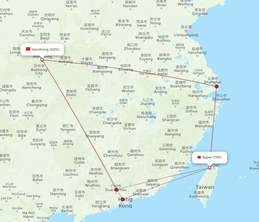 Hanzhong - Taipei route map and flight paths