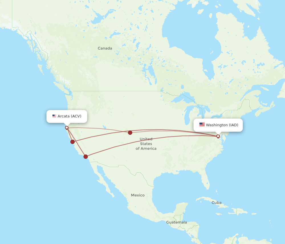 IAD to ACV flights and routes map