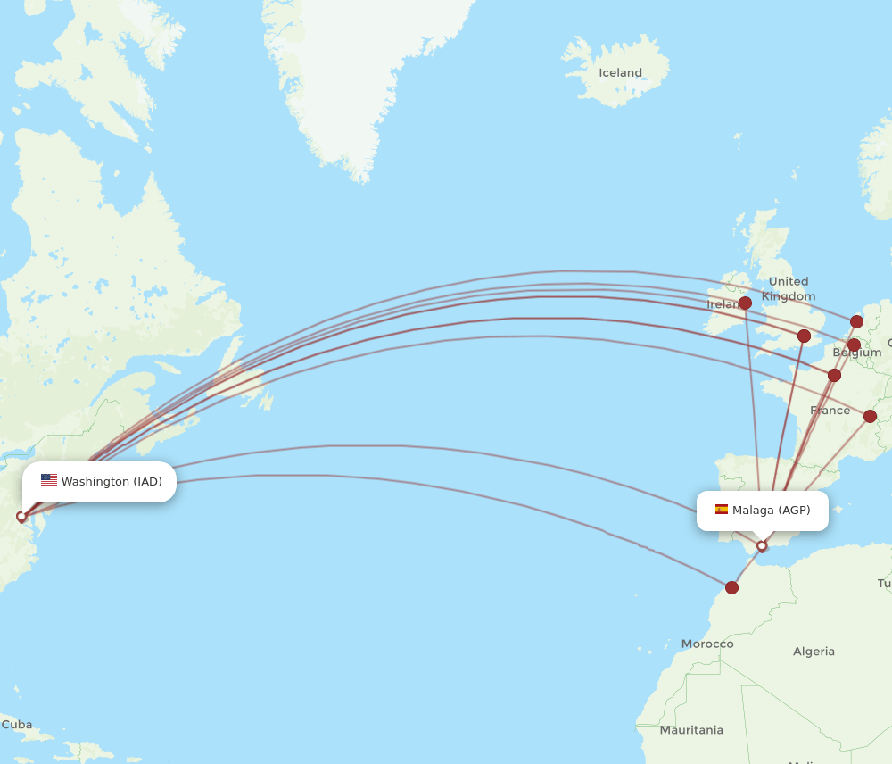 IAD to AGP flights and routes map