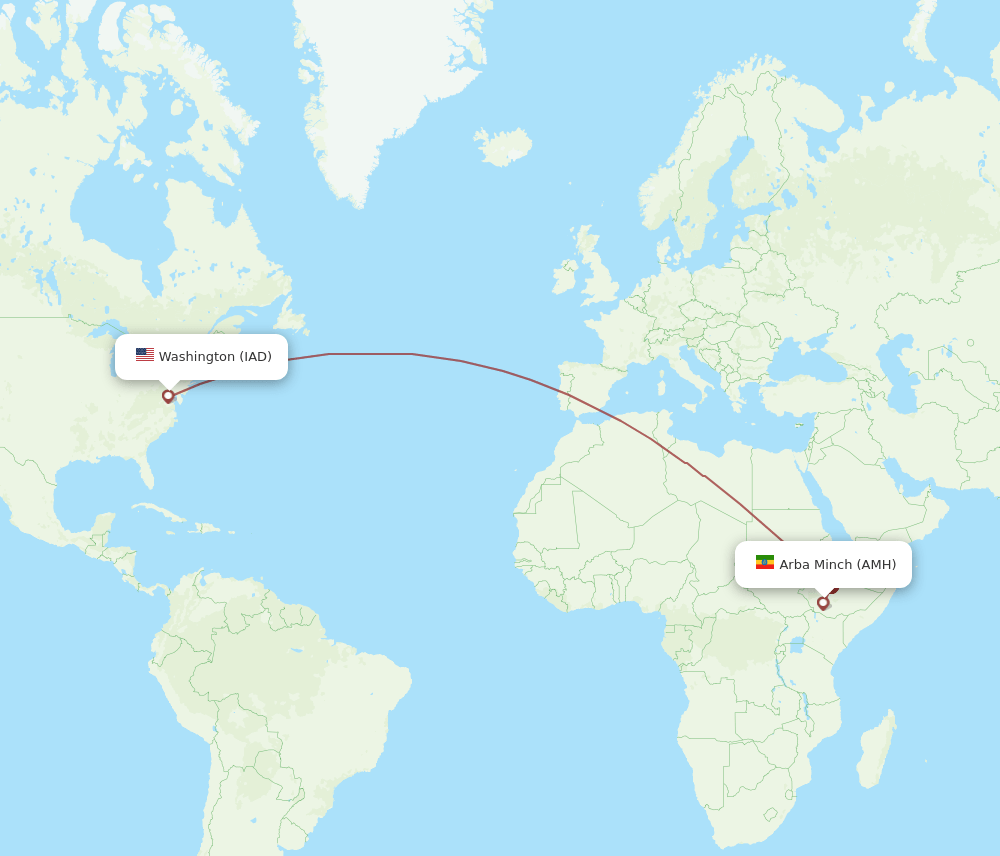 Arba Mintch - Dulles route map and flight paths