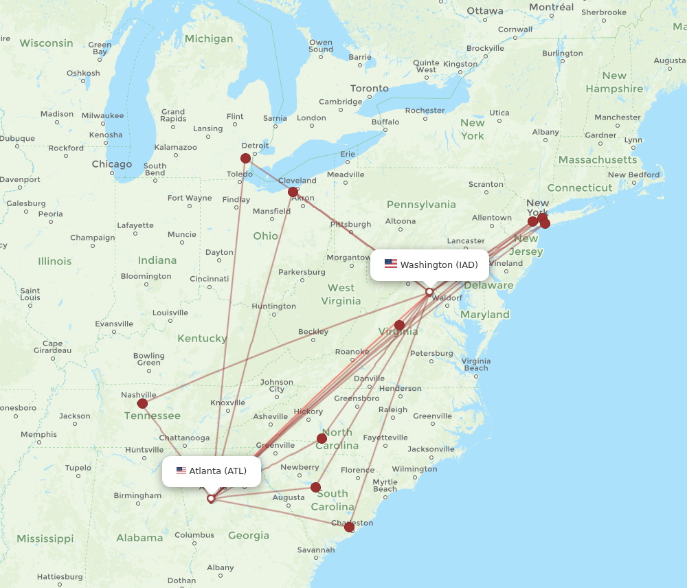 IAD to ATL flights and routes map