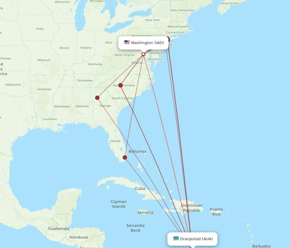 IAD to AUA flights and routes map