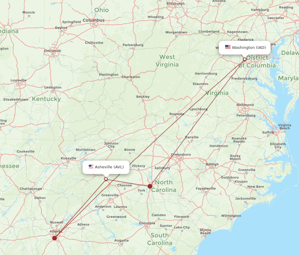 IAD to AVL flights and routes map