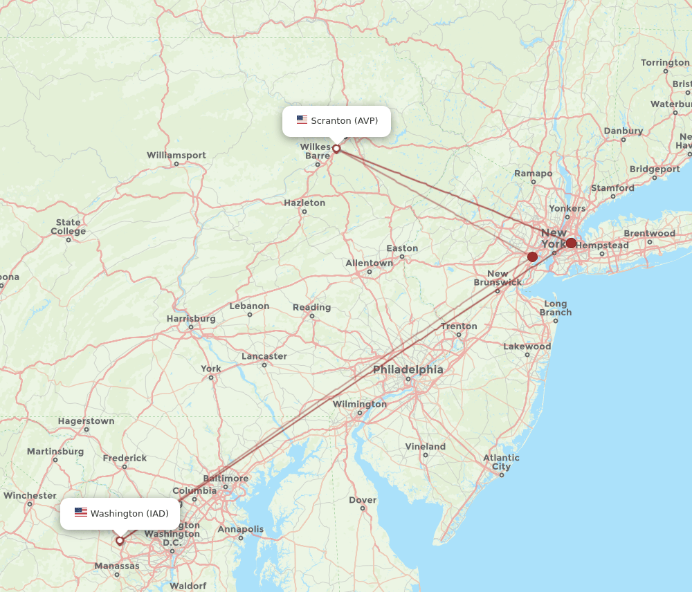 IAD to AVP flights and routes map