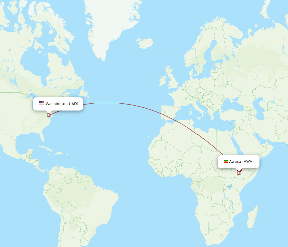 Awasa - Dulles route map and flight paths