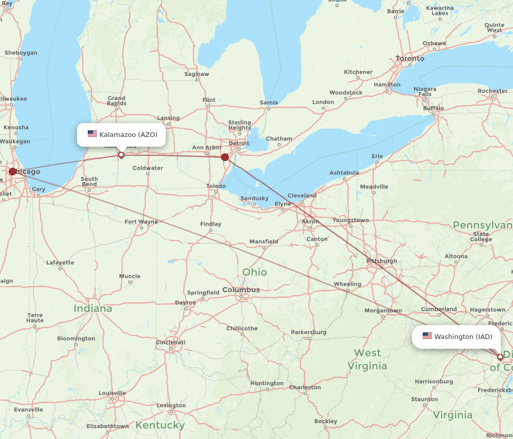 IAD to AZO flights and routes map