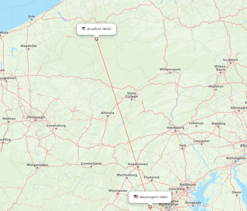 Dulles - Bradford route map and flight paths