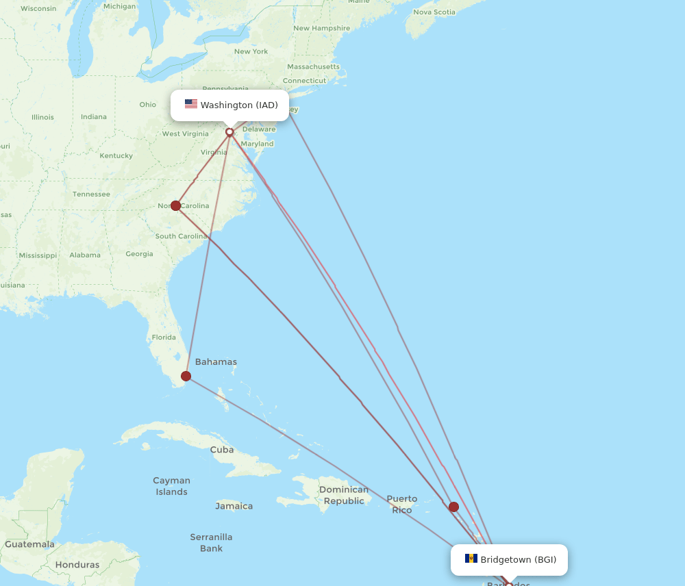 IAD to BGI flights and routes map