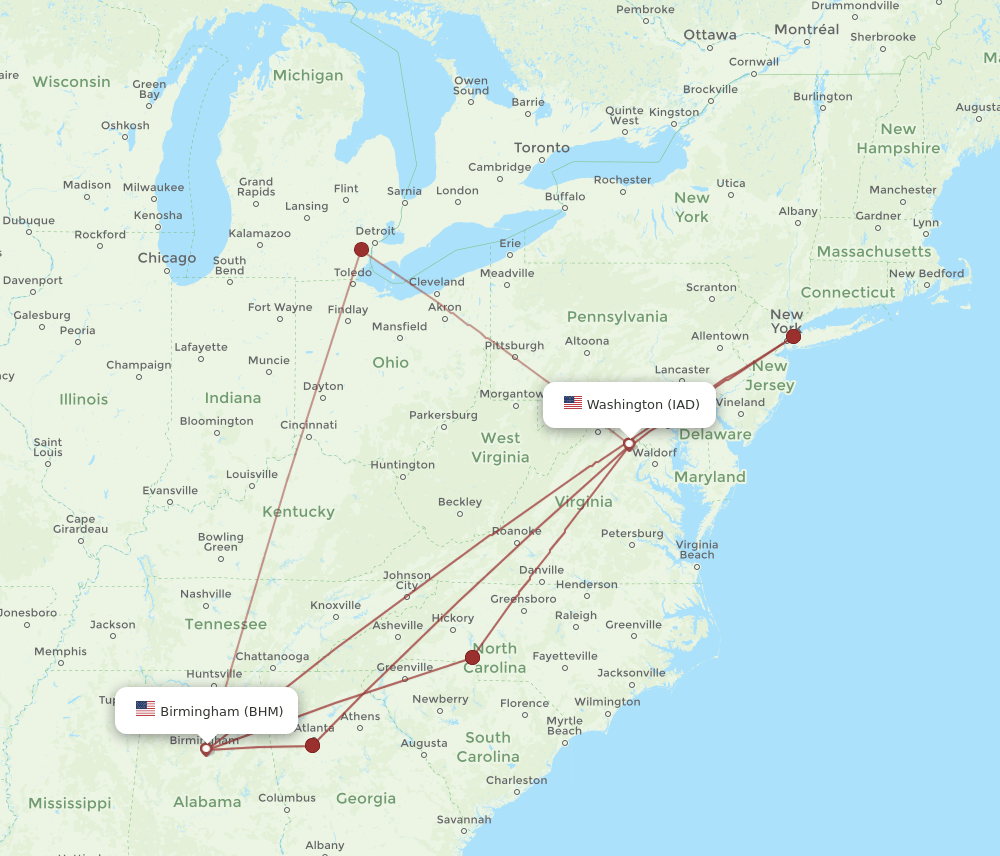 IAD to BHM flights and routes map