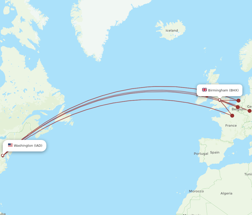IAD-BHX flight routes