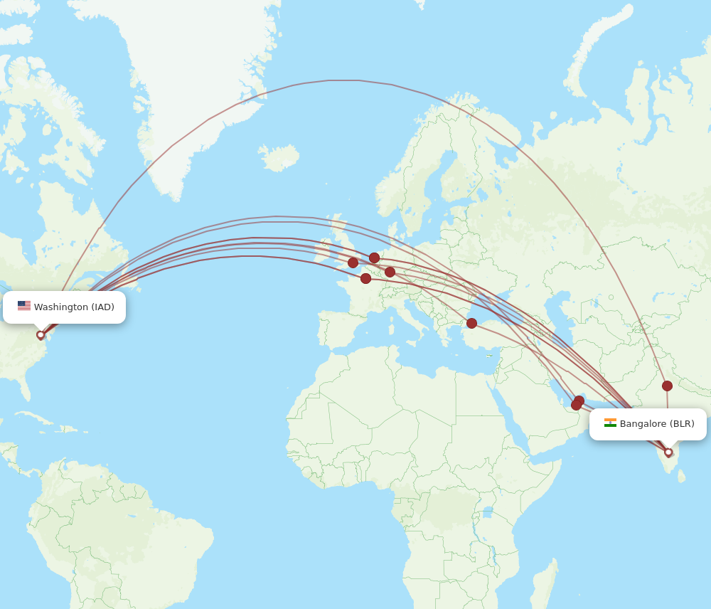 IAD to BLR flights and routes map