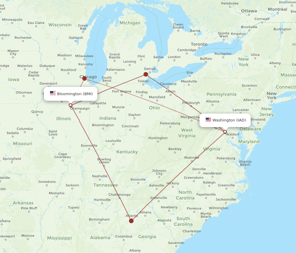 IAD-BMI flight routes