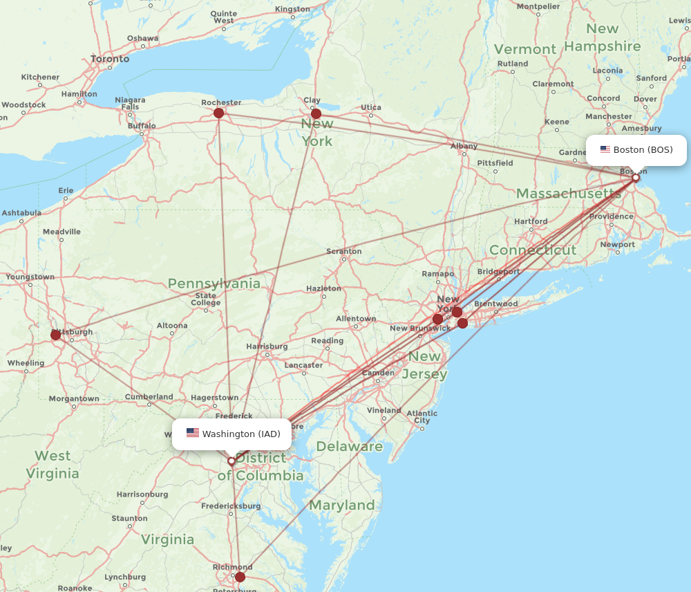 IAD to BOS flights and routes map