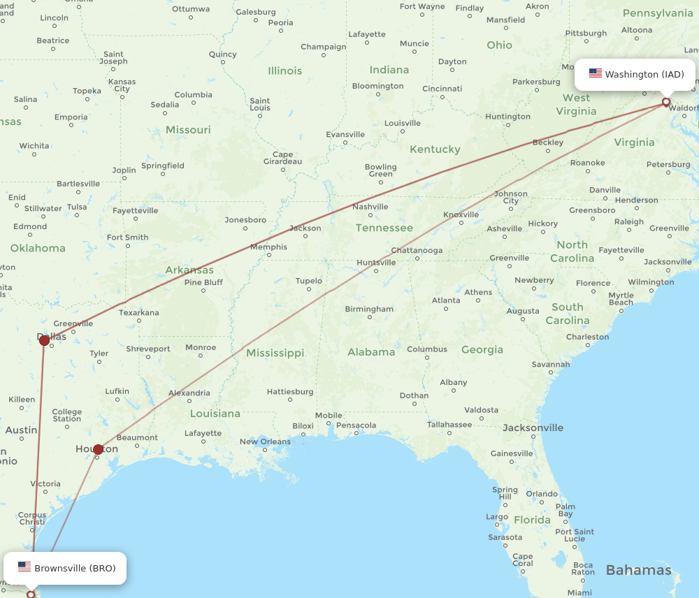 IAD-BRO flight routes