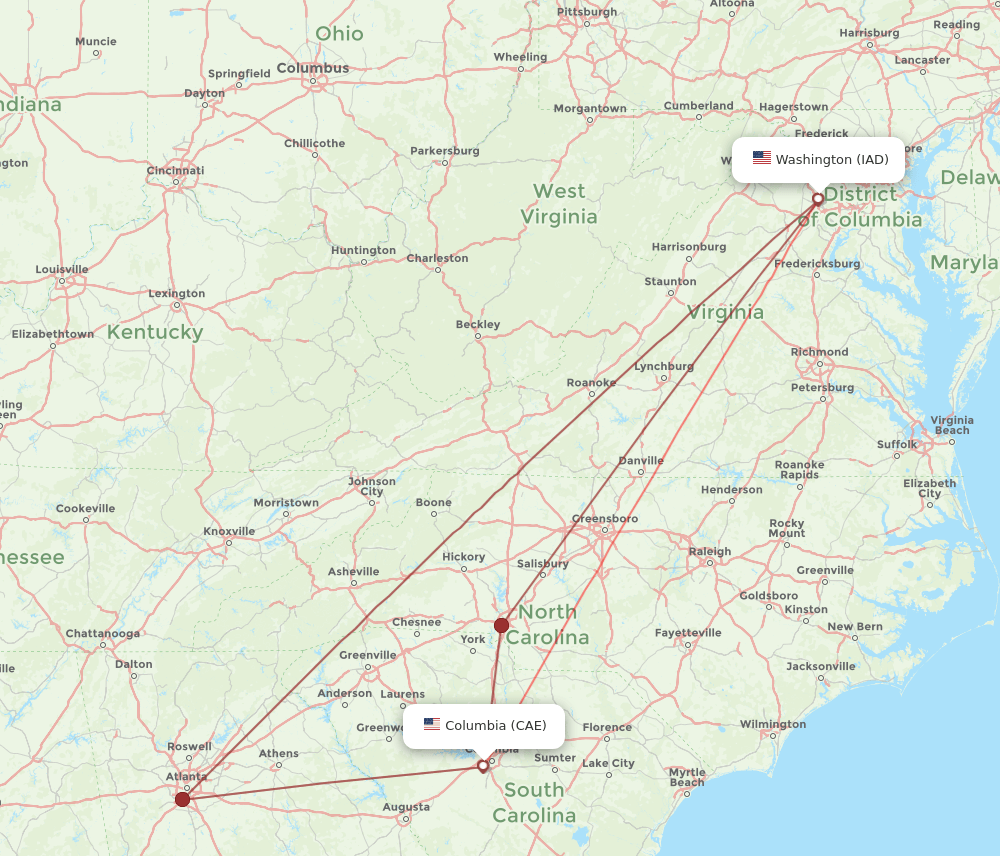 IAD to CAE flights and routes map