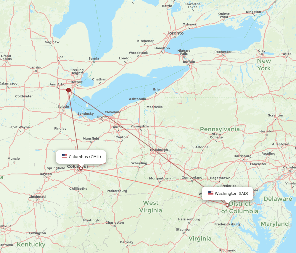 IAD to CMH flights and routes map
