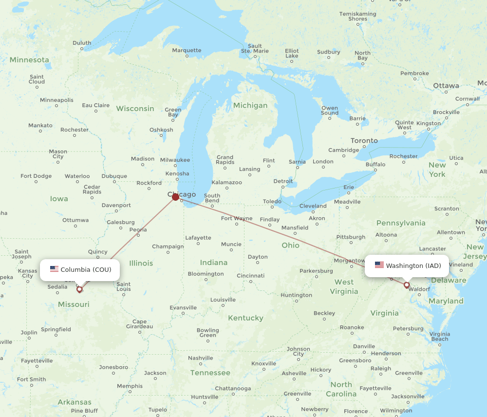 IAD to COU flights and routes map