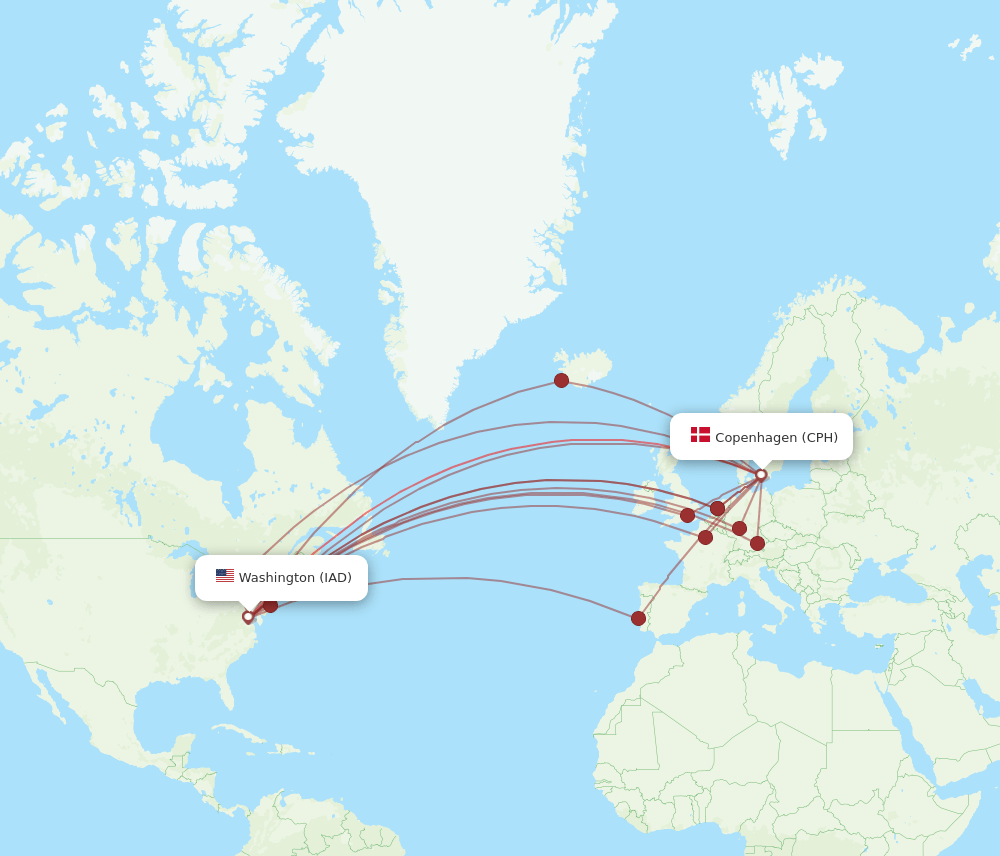 IAD to CPH flights and routes map