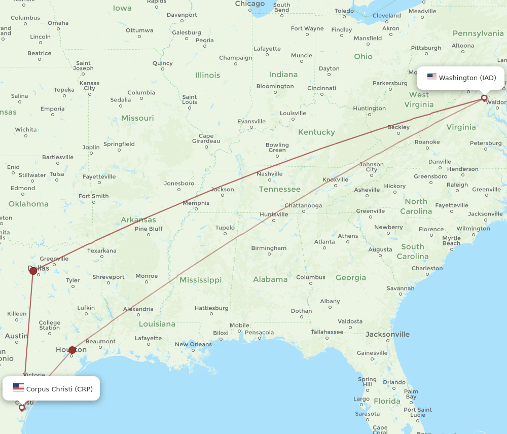 IAD to CRP flights and routes map