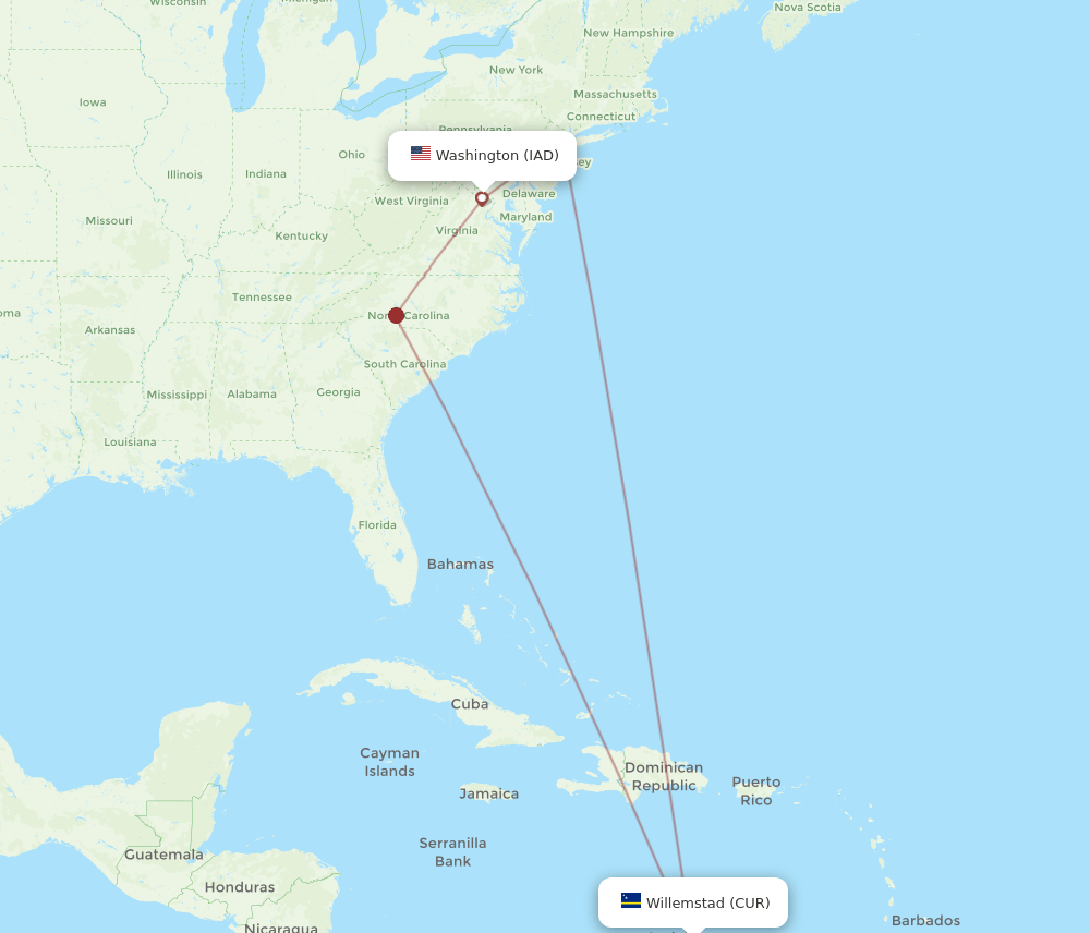 IAD to CUR flights and routes map