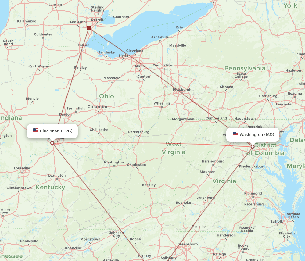 IAD-CVG flight routes