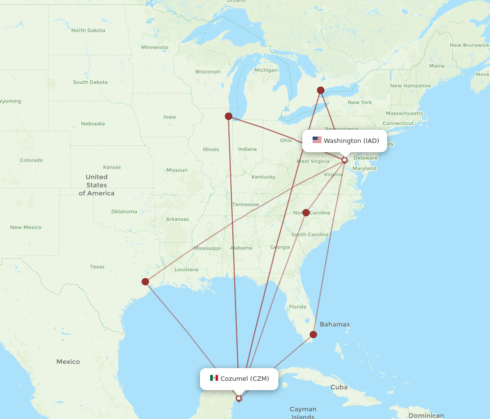 IAD-CZM flight routes