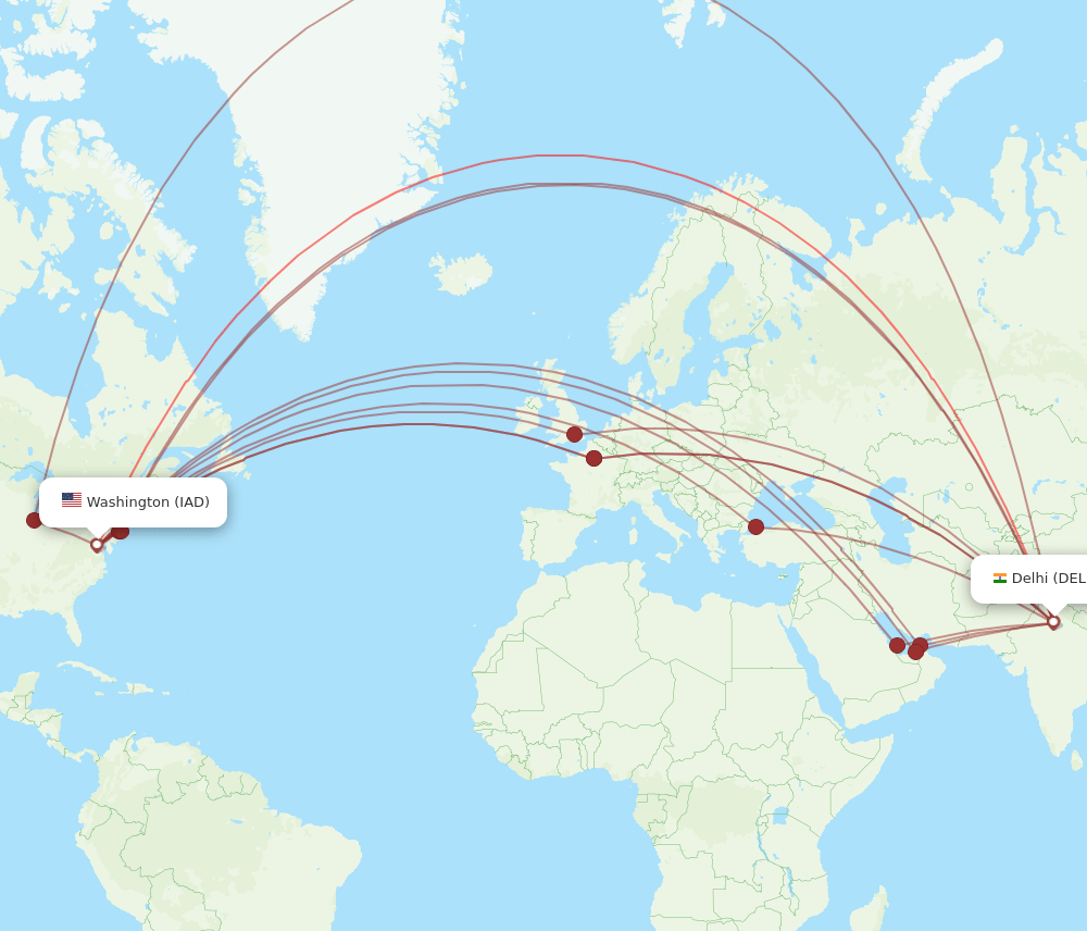 IAD to DEL flights and routes map