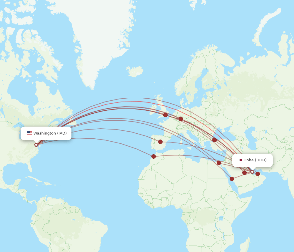 IAD to DOH flights and routes map