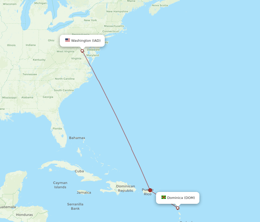 IAD to DOM flights and routes map