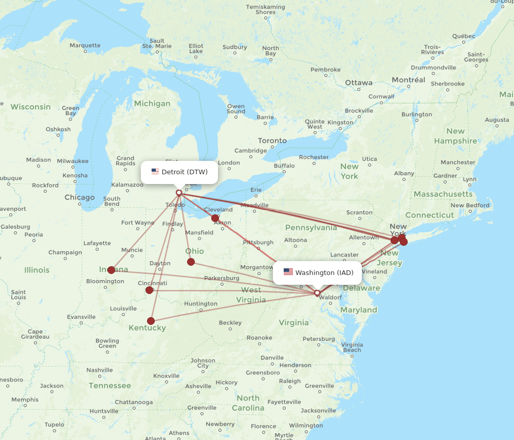 IAD-DTW flight routes