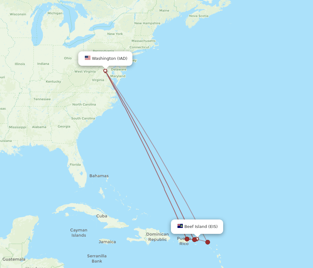 IAD to EIS flights and routes map