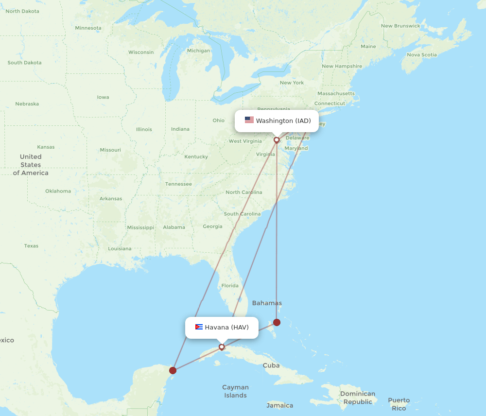 Dulles - Havana route map and flight paths