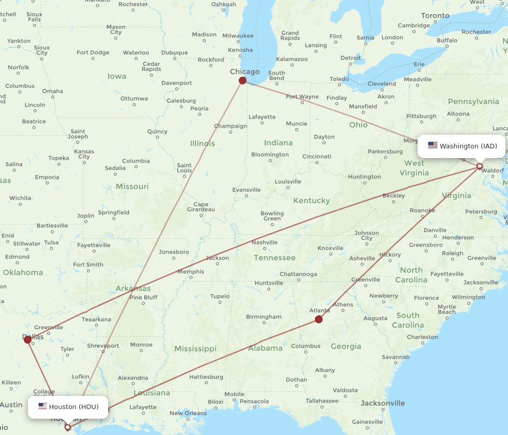 IAD-HOU flight routes