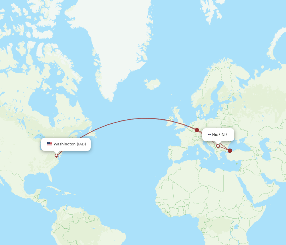 Nis - Dulles route map and flight paths
