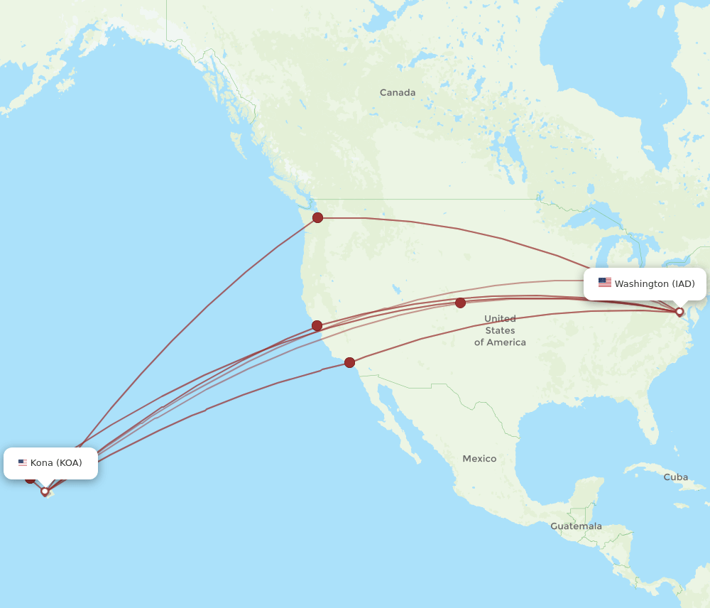 IAD to KOA flights and routes map