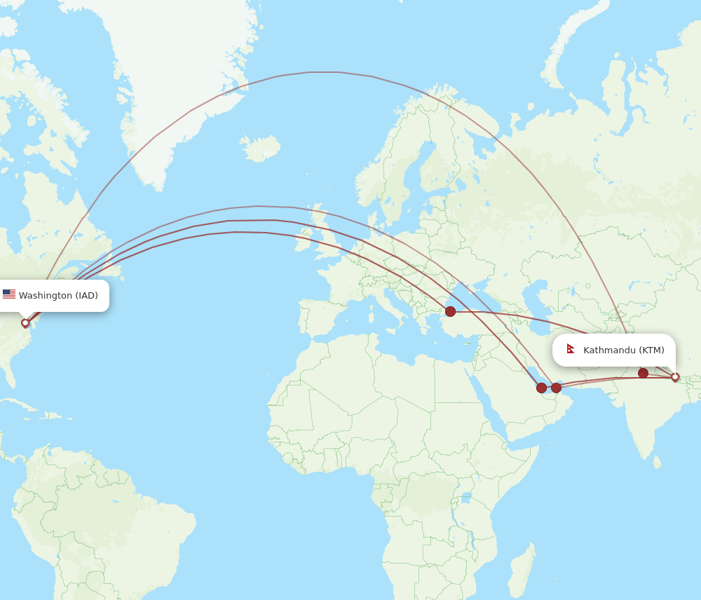IAD-KTM flight routes