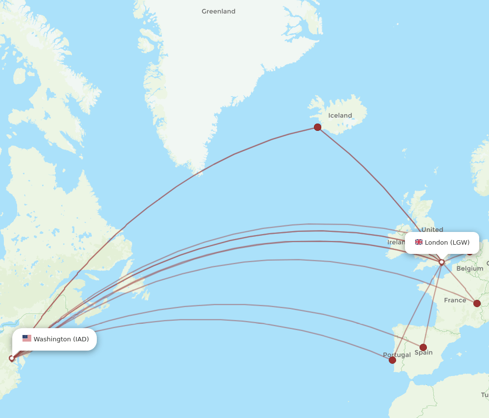 IAD to LGW flights and routes map