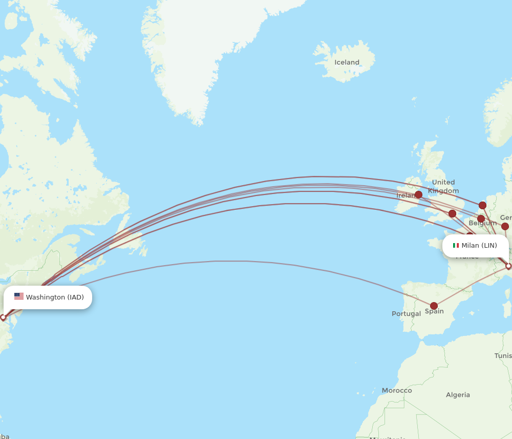 IAD to LIN flights and routes map