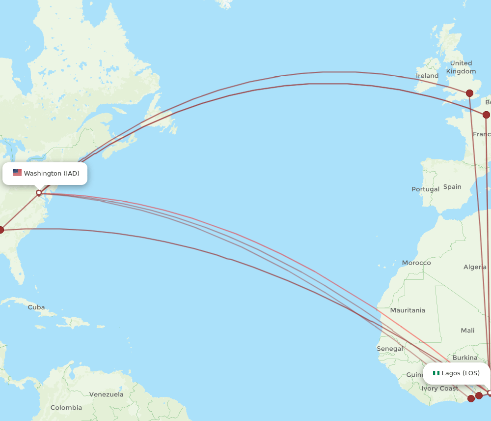 IAD to LOS flights and routes map