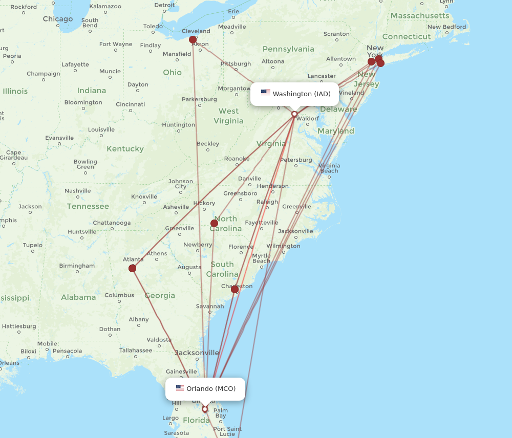 IAD to MCO flights and routes map