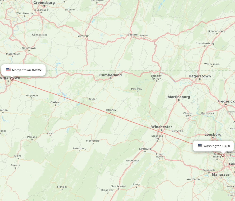 IAD to MGW flights and routes map