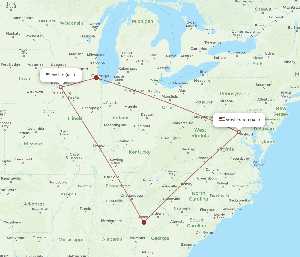 IAD to MLI flights and routes map