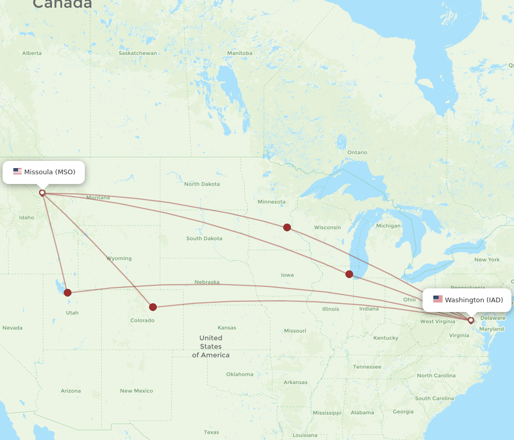 IAD to MSO flights and routes map