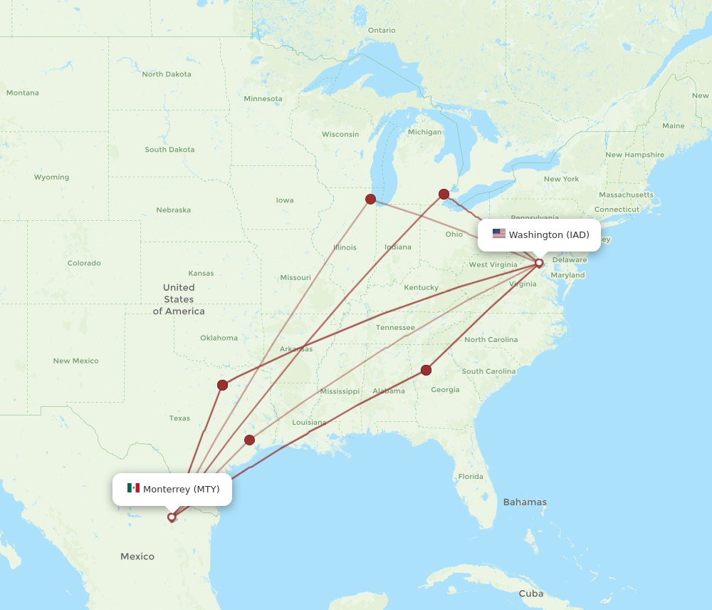 IAD to MTY flights and routes map