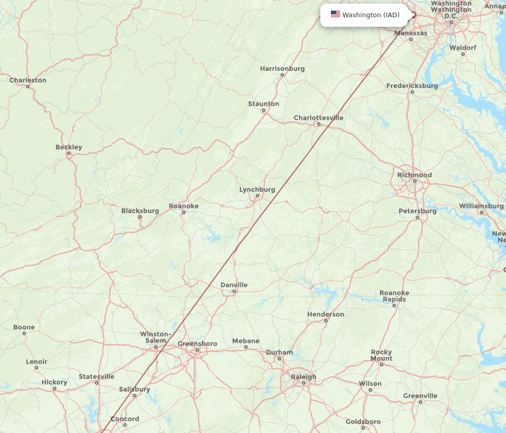 IAD to OAJ flights and routes map
