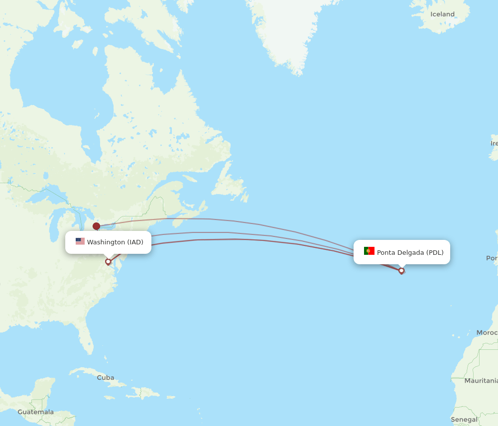 Ponta Delgada (Azores) - Dulles route map and flight paths