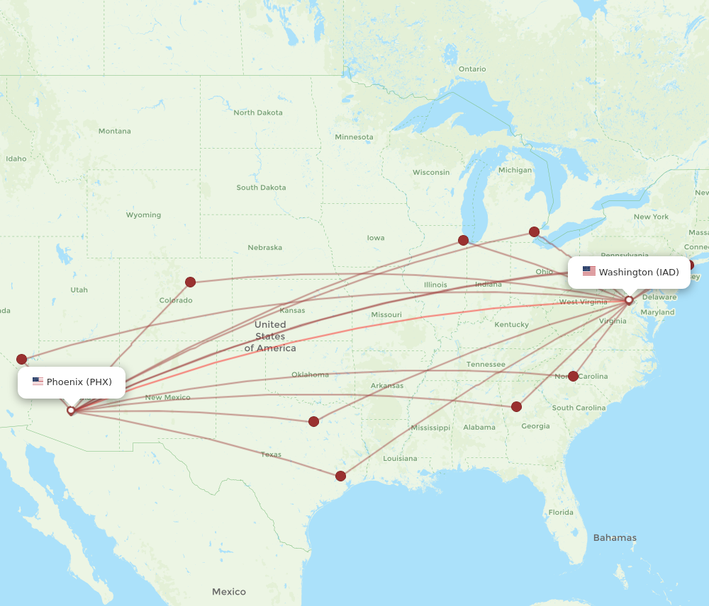 IAD to PHX flights and routes map